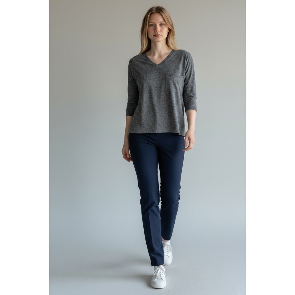 Eileen Fisher V-Neck Knit Top Gray‎ Organic Cotton Hemp Boxy Fit Pocket P/S
